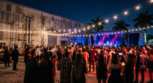 Factory Town Halloween 2026 crowd in costumes at an open-air festival in Hialeah