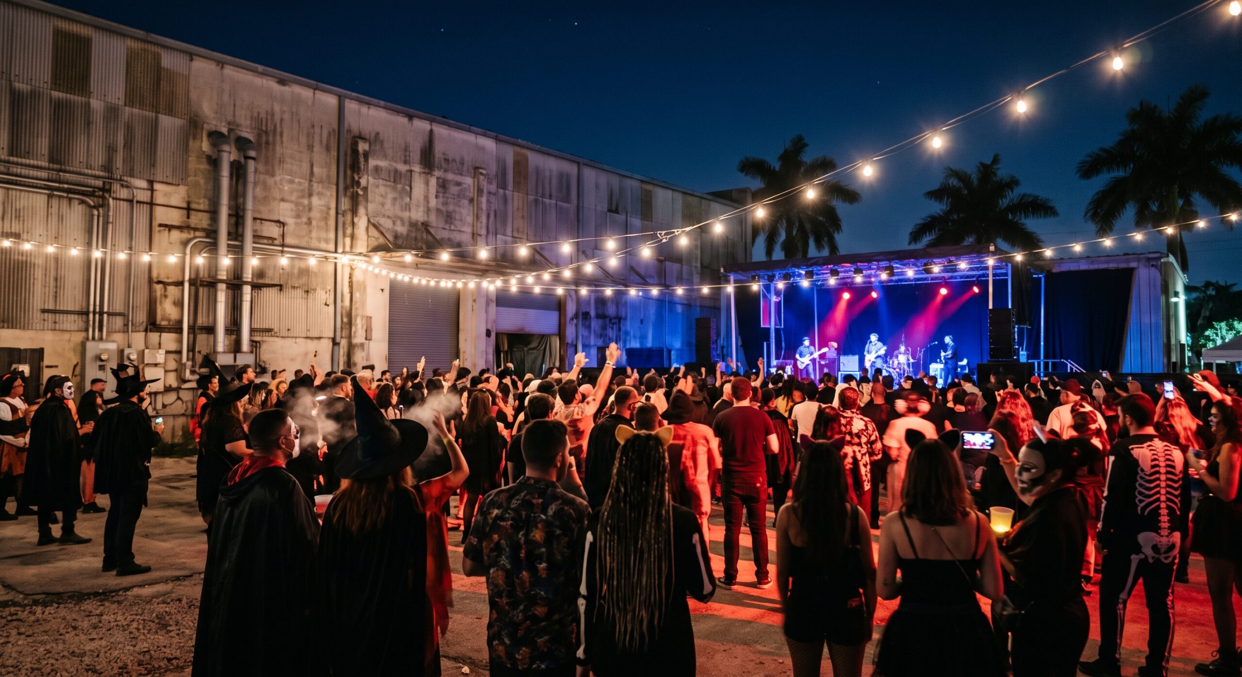 Factory Town Halloween 2026 crowd in costumes at an open-air festival in Hialeah