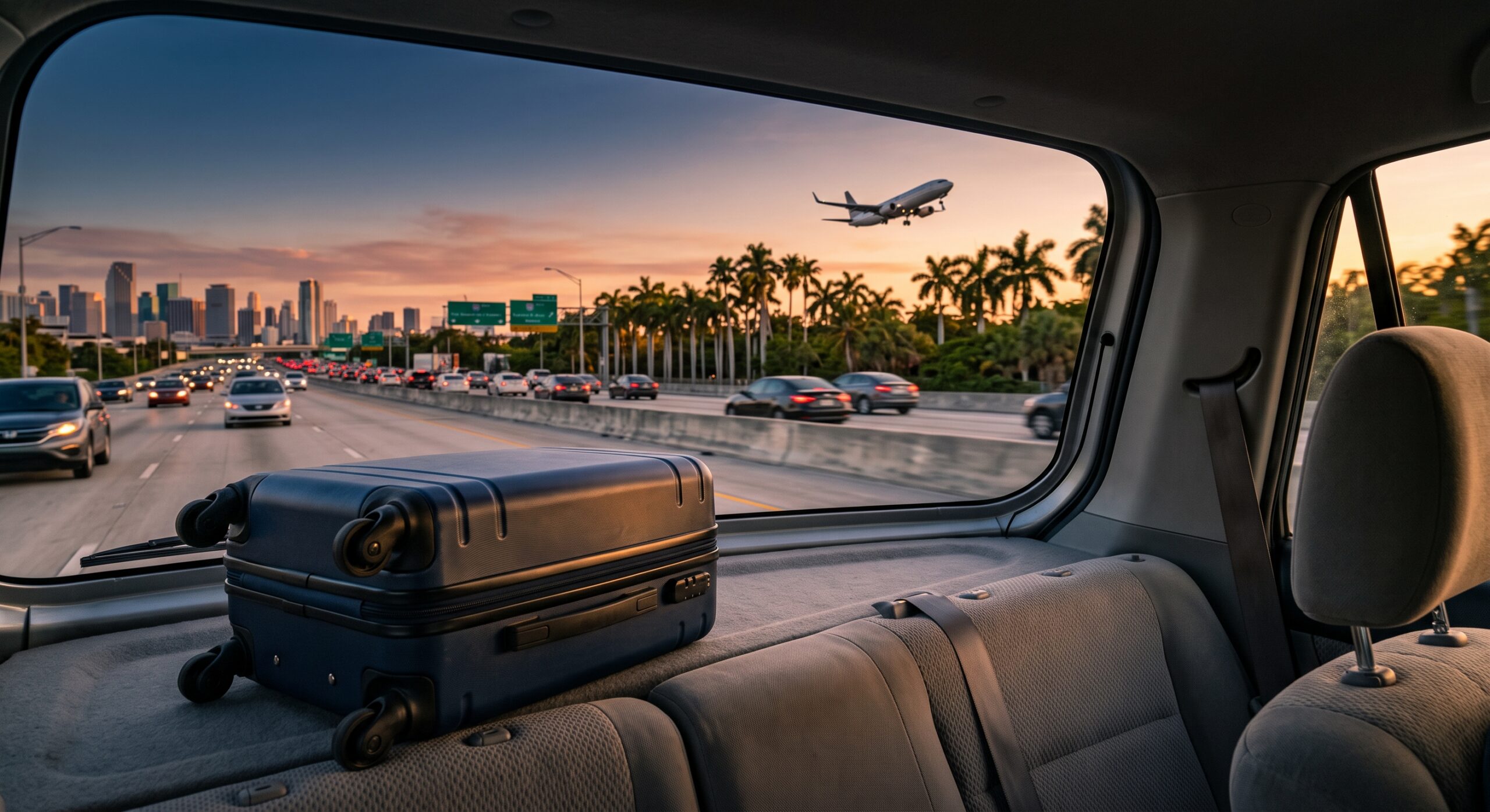 Currency exchange near Miami airport: driving from MIA toward Doral at sunset