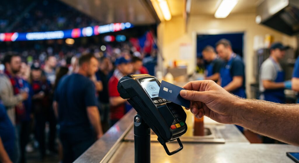 Fan paying by card at a food stand inside a cashless stadium