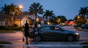 Friends in Halloween costumes getting into a rideshare car in Miami